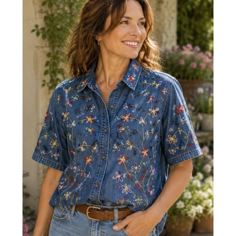 VTG Jane Ashley Embroidered Denim Shirt Floral Cottagecore Button Front L